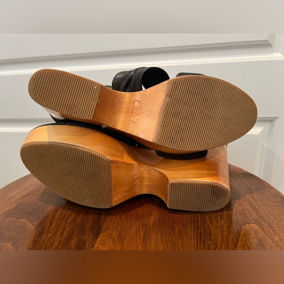 Coach Strappy Platform Sandal Black Leather Wood Wedge Clog Heel Size 10 READ - Picture 7 of 11